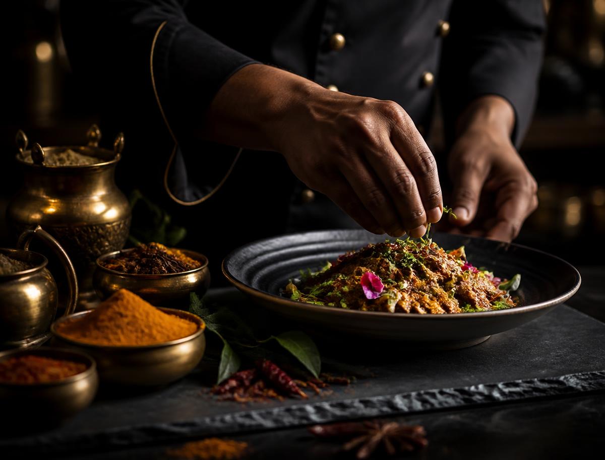 Chef plating a spiced Indian dish at Lal Baag in Norwood, London