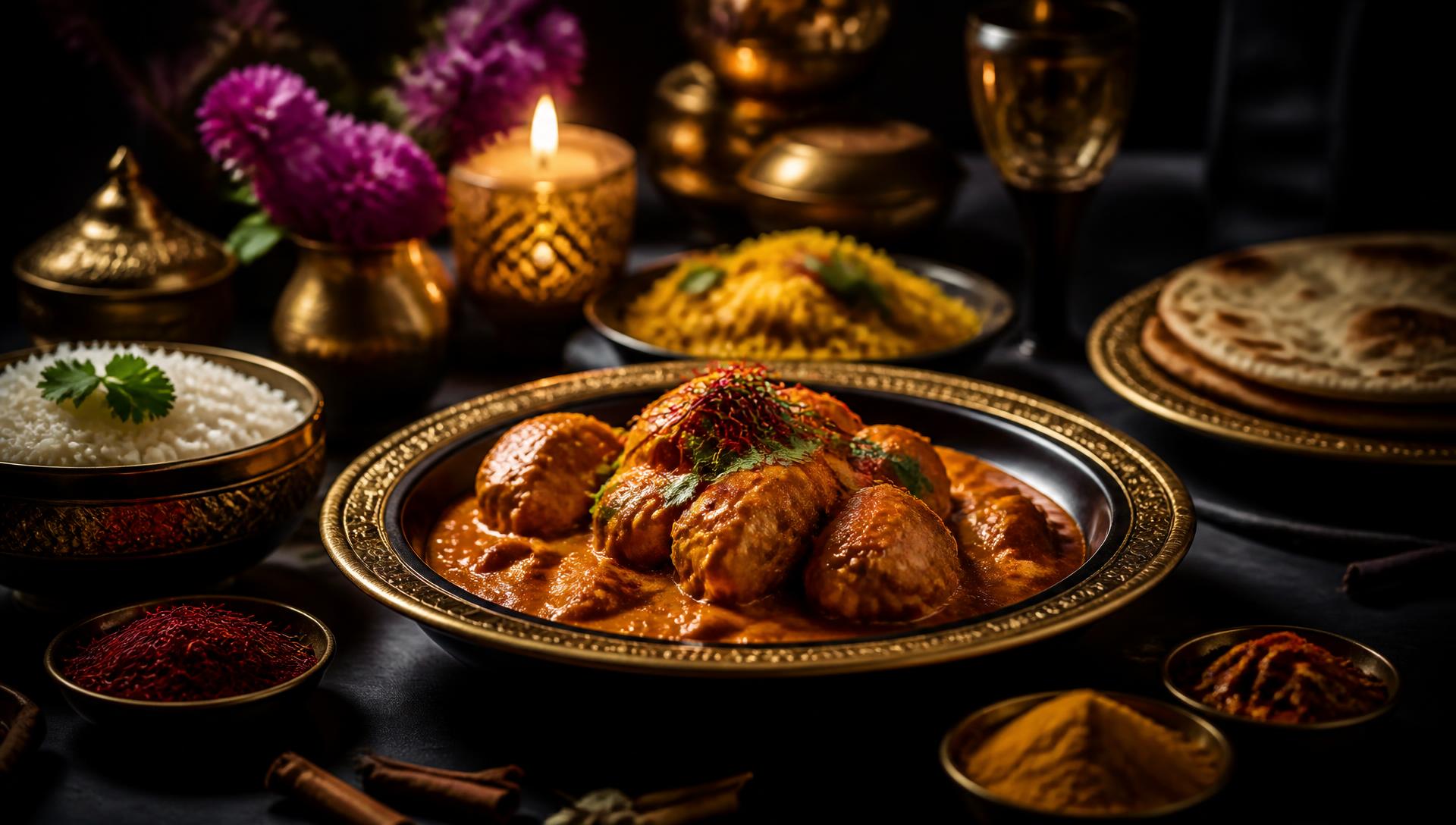 Indian curry served on gold tableware at Lal Baag in Norwood, London